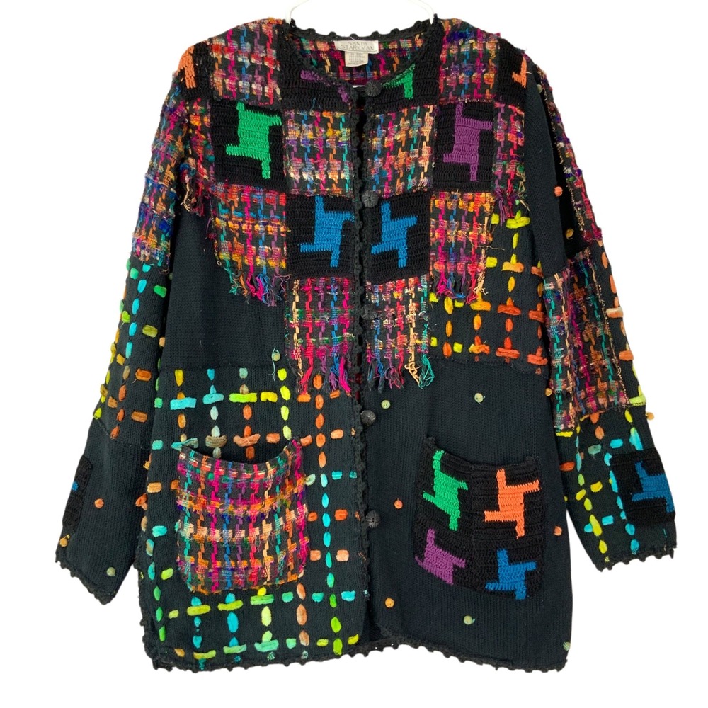 Sandy Starkman Black Multicolor Patchwork Cardigan M Button Round Long Fringed